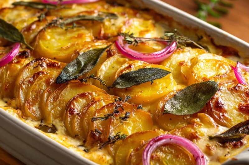 Goldgelbes Kartoffelgratin mit roten Zwiebeln