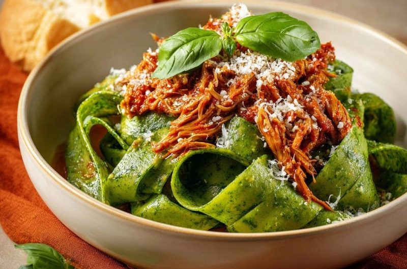 Grüne Spinat-Pappardelle mit Pulled Chicken