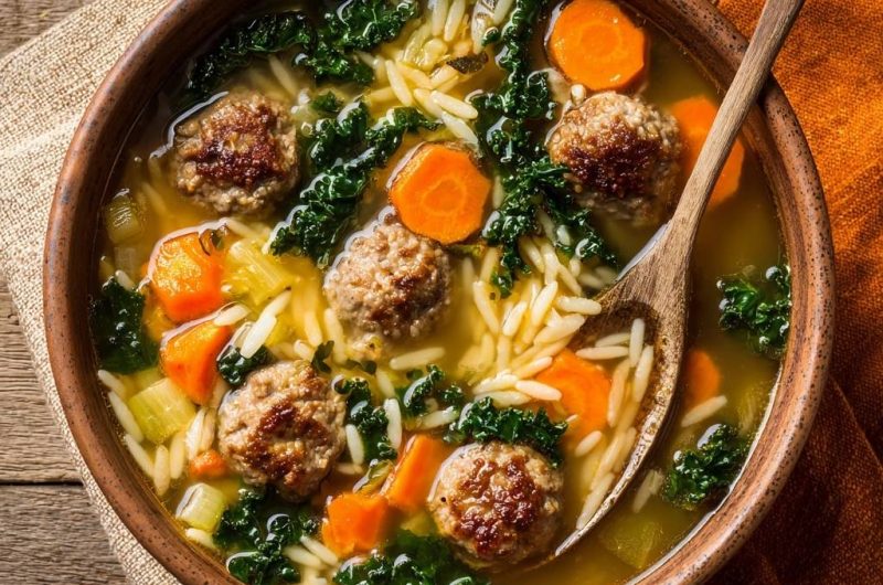 Herzhafter Fleischbällchen-Eintopf mit Orzo und Grünkohl