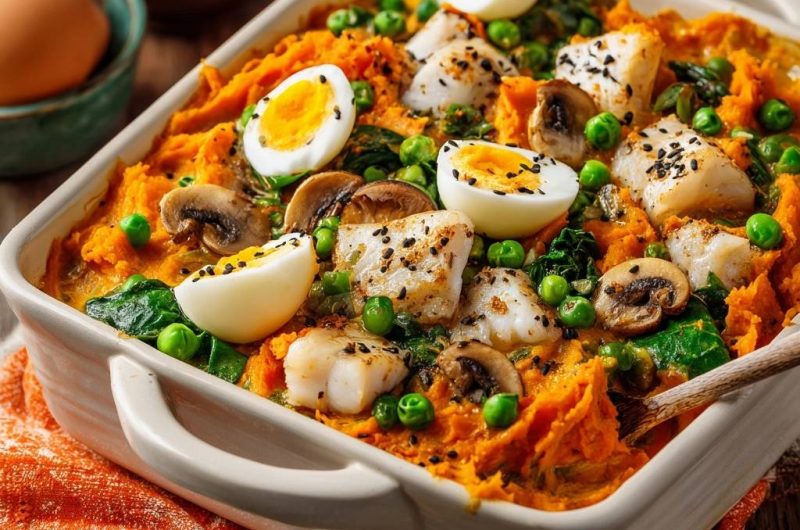 Herzhafter Süßkartoffel-Fisch-Auflauf