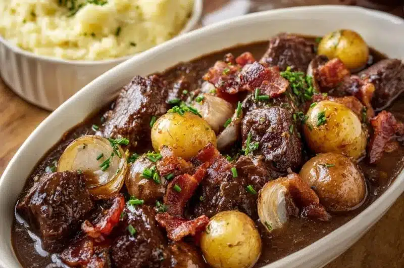 Herzhaftes Rindergulasch mit Speck und Perlzwiebeln