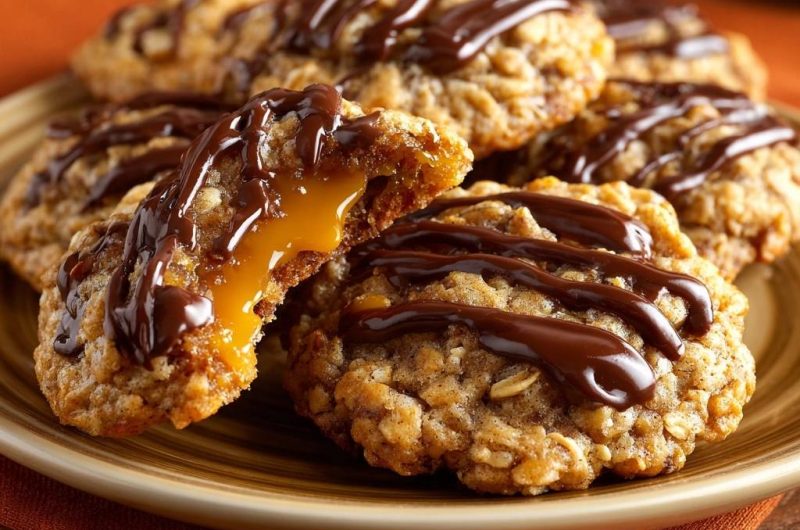 Karamell-gefüllte Hafercookies mit Schoko-Drizzle