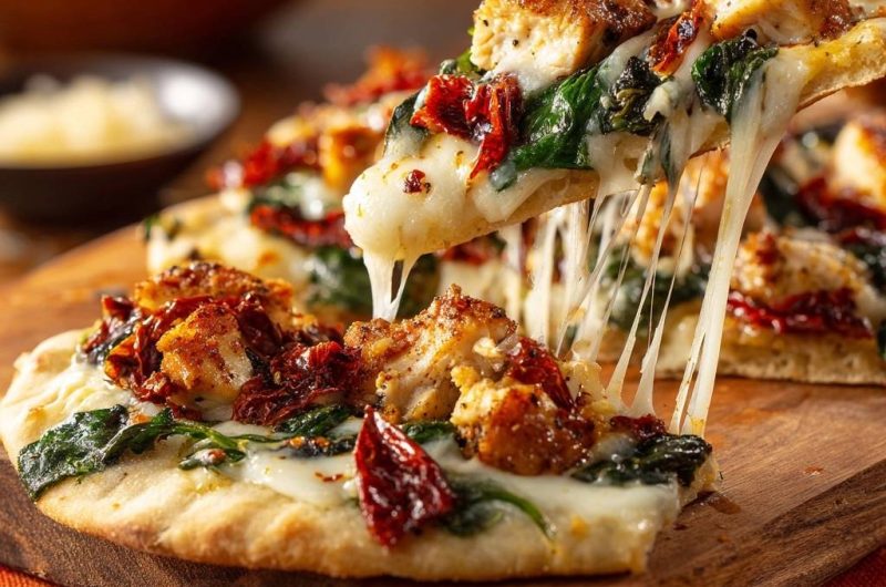 Knusprige Hähnchen-Spinat-Flatbread-Pizza