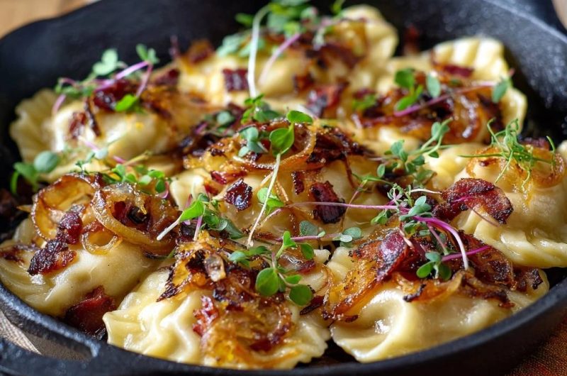Knusprige Pierogi mit Speck und karamellisierten Zwiebeln