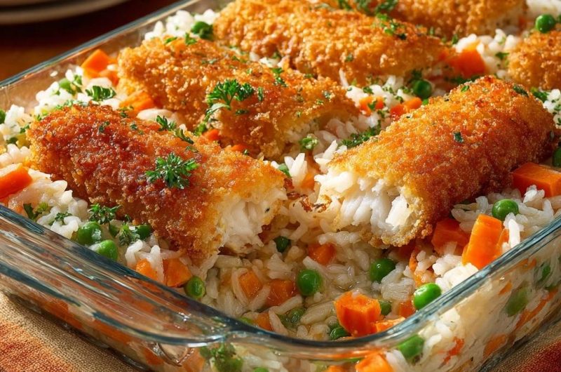 Knuspriger Fisch-Auflauf mit Reis, Karotten & Erbsen