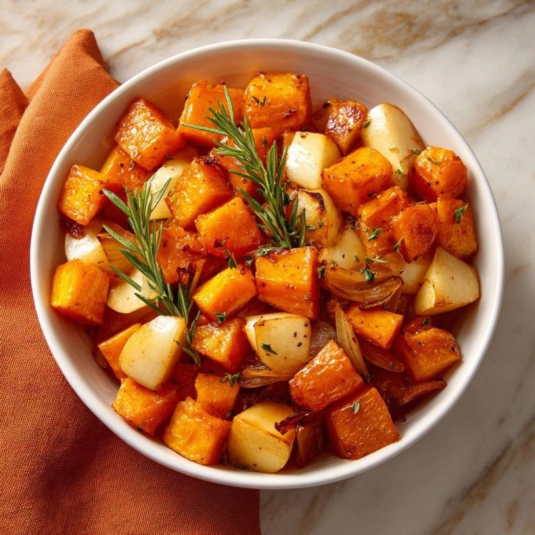 Knuspriger Ofenkürbis mit Kartoffeln und Rosmarin