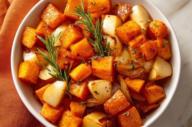 Knuspriger Ofenkürbis mit Kartoffeln und Rosmarin