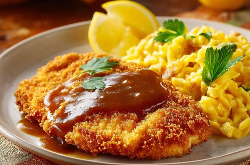 Knuspriges Hähnchenschnitzel mit Spätzle und Sahnesoße