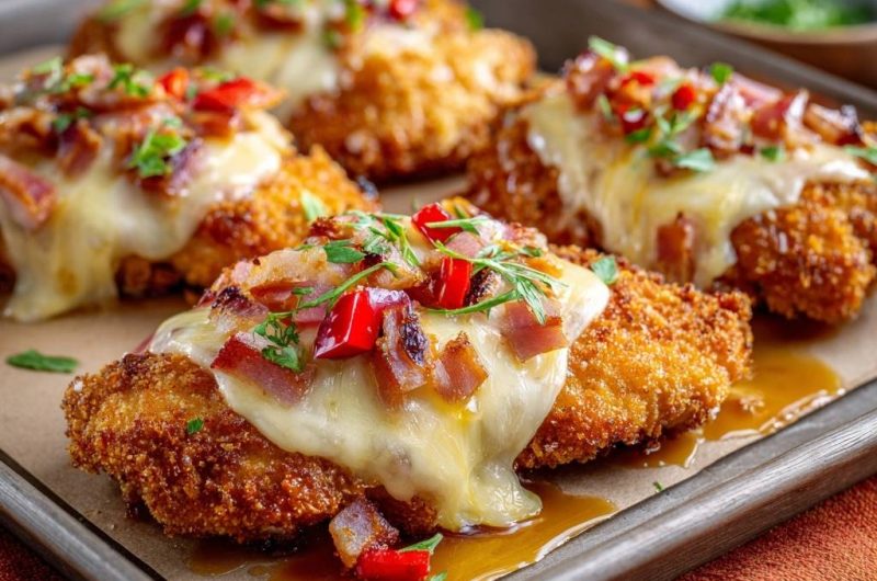 Knuspriges Panierhähnchen mit Bacon, Paprika & Käse