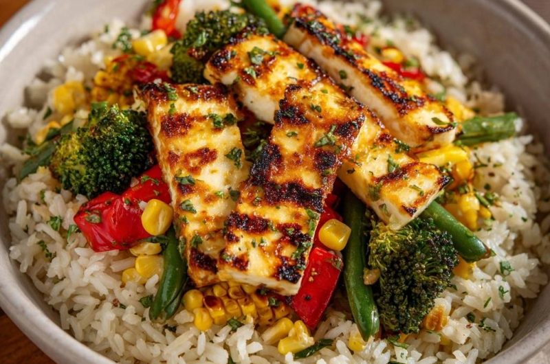 Mediterrane Halloumi-Bowl auf buntem Gemüsereis