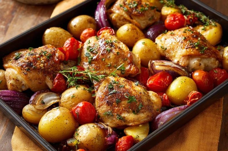 Mediterranes Blechhähnchen mit Röstkartoffeln