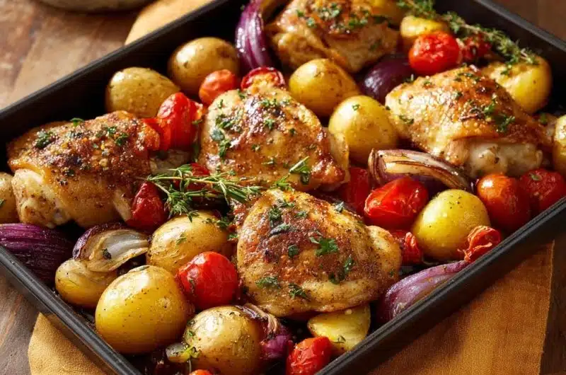 Mediterranes Blechhähnchen mit Röstkartoffeln