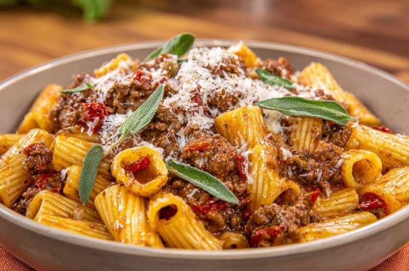 Rigatoni mit Hack-Tomaten-Ragù und Salbei (Keine wässrige Soße mehr)