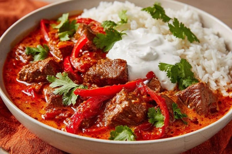 Rotes Rindfleisch-Curry mit Paprika und Joghurt-Reis
