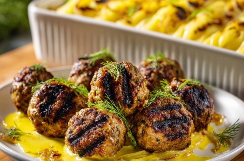 Saftige Grill-Hackbällchen auf cremigem Kartoffelgratin