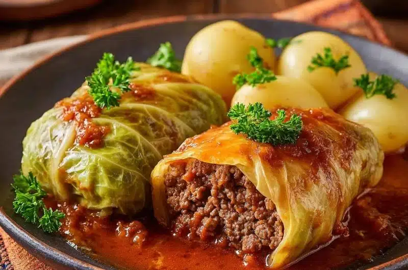 Saftige Hack-Kohlrouladen mit Tomatensoße & Kartoffeln