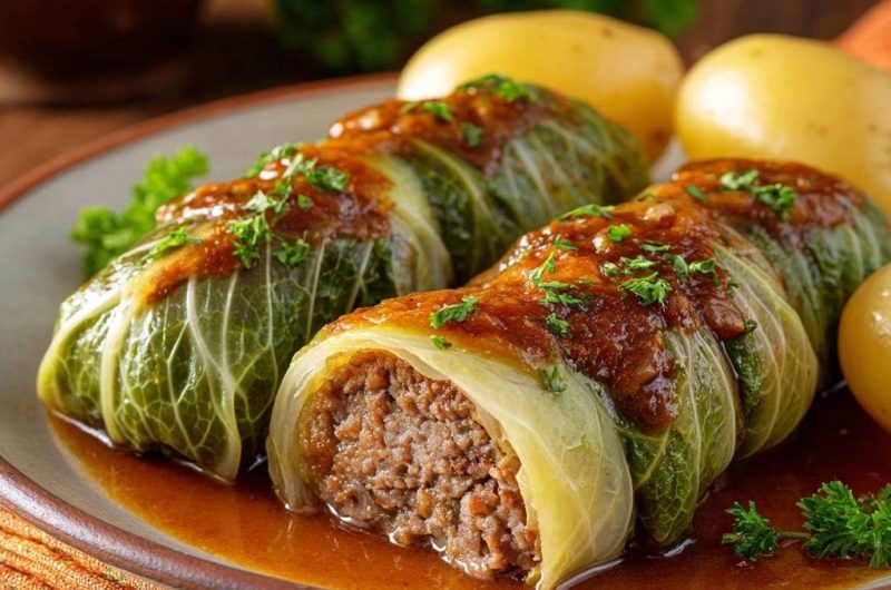 Saftige Kohlrouladen mit Sauce und Kartoffeln