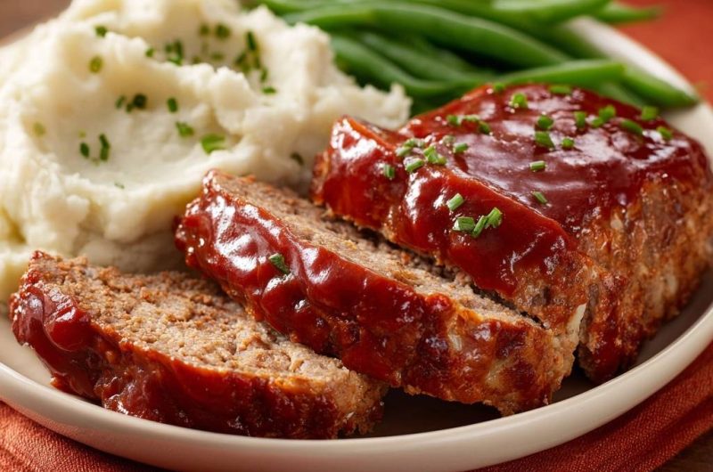 Saftiger Hackbraten mit Kartoffelbrei und grünen Bohnen