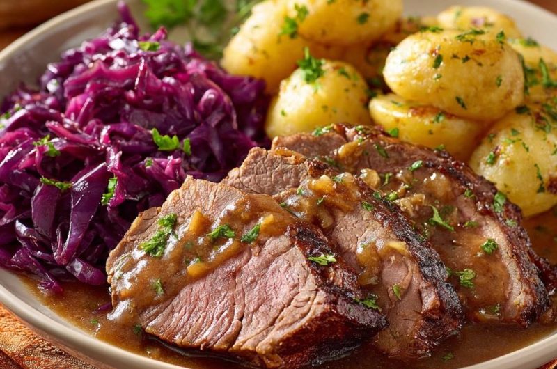Saftiger Rinderbraten mit Rotkohl und Petersilienkartoffeln