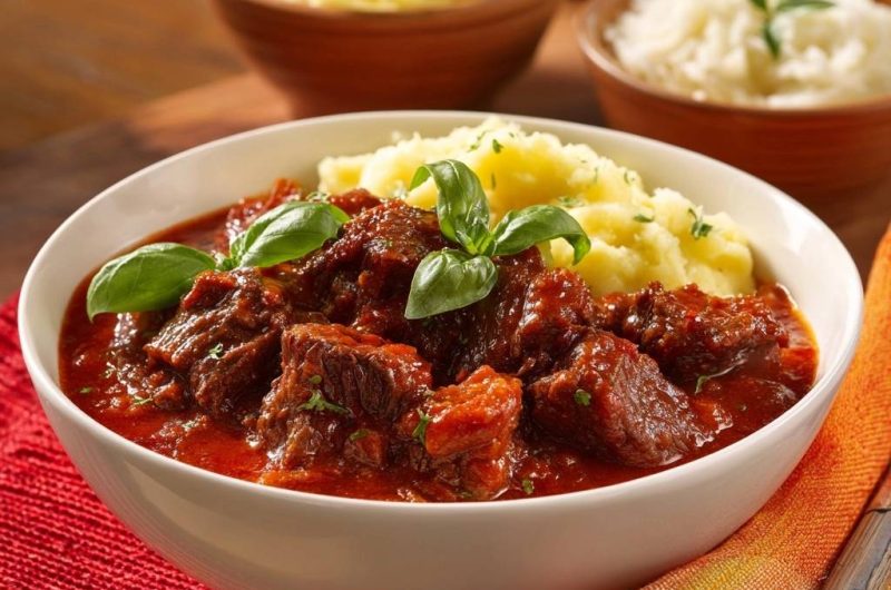 Saftiges Rindfleisch-Tomatengulasch mit Kartoffelpüree