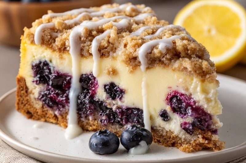 Zitronen-Blaubeer-Käsekuchen mit Streuseln (Der Anti-Matsche-Boden)