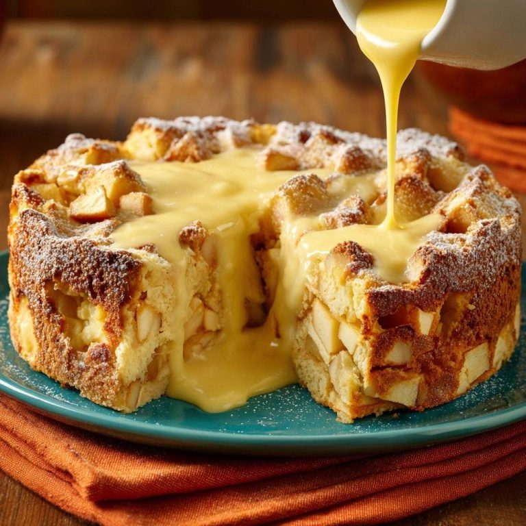 Apfel-Brotpudding mit cremiger Vanillesauce, die über den Kuchen gegossen wird, mit Puderzucker bestäubt