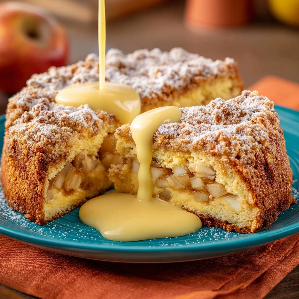 Apfel-Brotpudding mit cremiger Vanillesauce, angeschnitten und mit Puderzucker bestäubt, mit fließender Sauce.