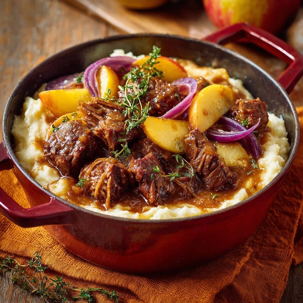 Apfel-Thymian-Pulled-Rind auf Kartoffelpüree, serviert in einem roten Gusseisentopf mit frischem Thymian garniert.