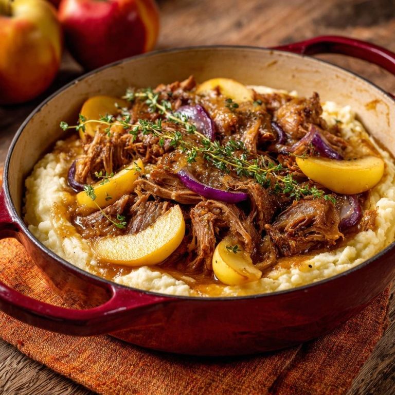Apfel-Thymian-Pulled-Rind auf Kartoffelpüree, nahaufnahme im roten Topf mit Äpfeln und Zwiebeln garniert