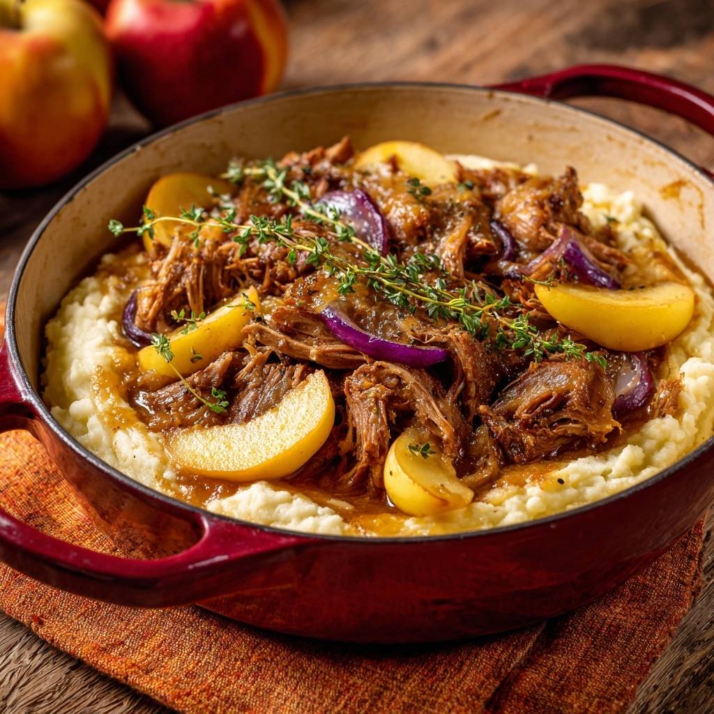 Apfel-Thymian-Pulled-Rind auf Kartoffelpüree, nahaufnahme im roten Topf mit Äpfeln und Zwiebeln garniert