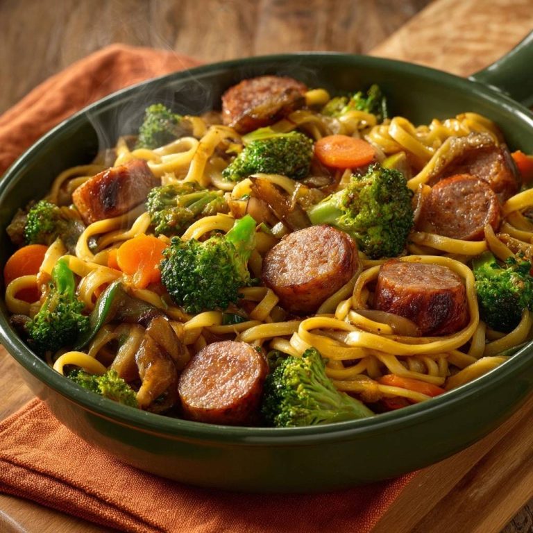 Asiatischer Wurst-Brokkoli-Nudelwok mit dampfenden Nudeln und Gemüse in einer Pfanne serviert
