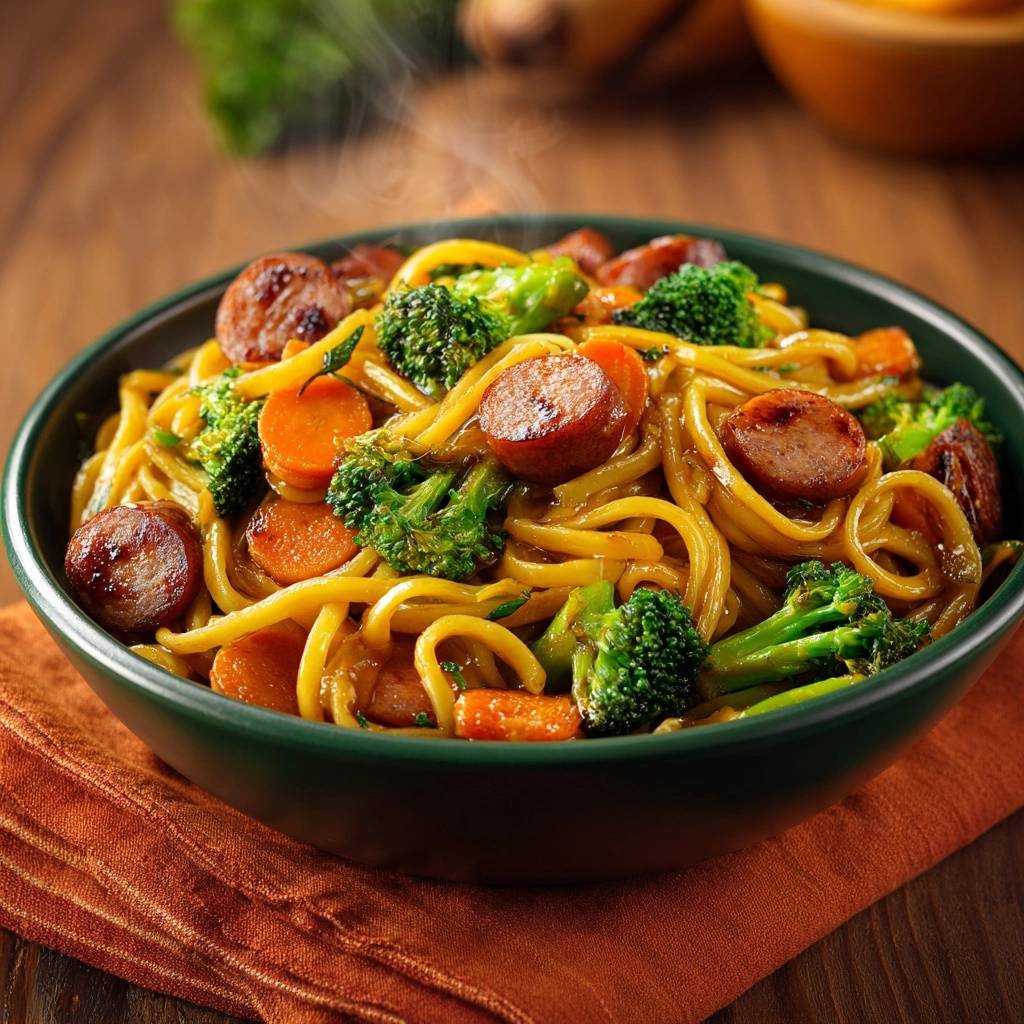 Asiatischer Wurst-Brokkoli-Nudelwok mit dampfenden Nudeln, Brokkoli und Wurstscheiben in einer Schüssel.