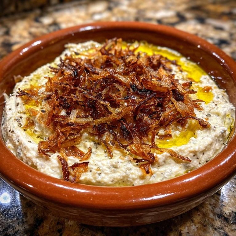 Baba Ghanoush mit knusprigen Zwiebeln, serviert in einer braunen Schüssel mit Olivenöl und Gewürzen.