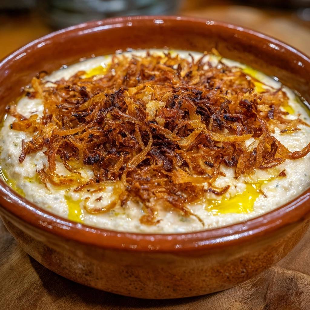 Baba Ghanoush mit knusprigen Zwiebeln, eine Nahaufnahme des cremigen Dips mit goldbraunen, gebratenen Zwiebeln darüber.