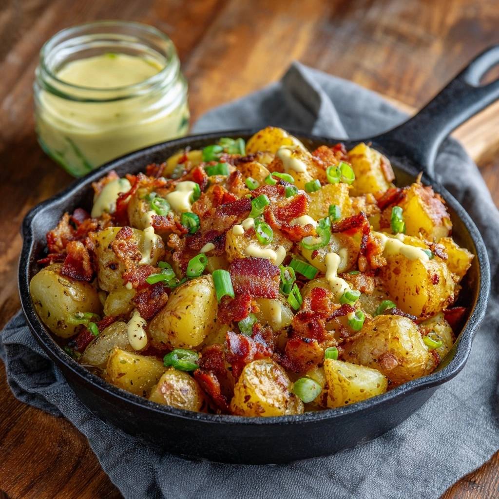 Knusprige Bacon-Kartoffel-Pfanne mit Speck und Frühlingszwiebeln in einer Gusseisenpfanne serviert