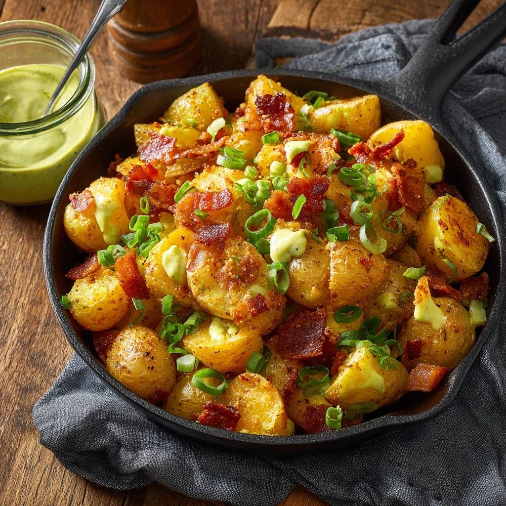 Knusprige Bacon-Kartoffel-Pfanne mit Dip und Frühlingszwiebeln in einer gusseisernen Pfanne serviert.