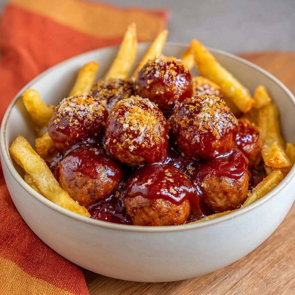 Saftige BBQ-Fleischbällchen mit Pommes, nahaufnahme der glasierten Fleischbällchen mit knuspriger Kruste und Pommes Frites.