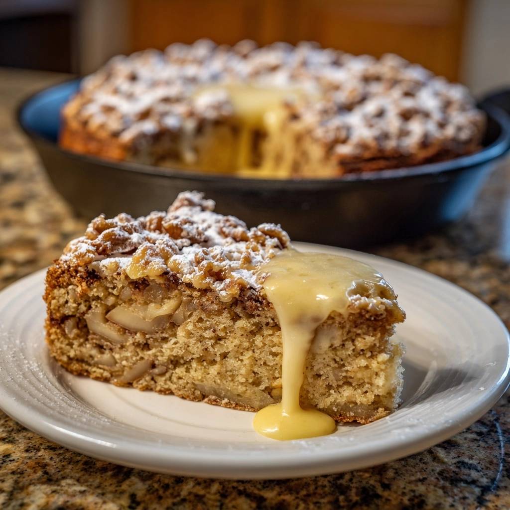 Birnen-Walnuss-Streuselkuchen mit Vanillesauce, ein einzelnes Stück mit Sauce auf einem Teller serviert