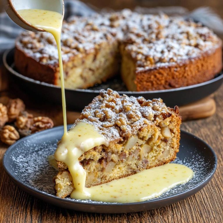 Birnen-Walnuss-Streuselkuchen mit Vanillesauce, ein angeschnittenes Stück auf einem Teller mit übergießter Sauce