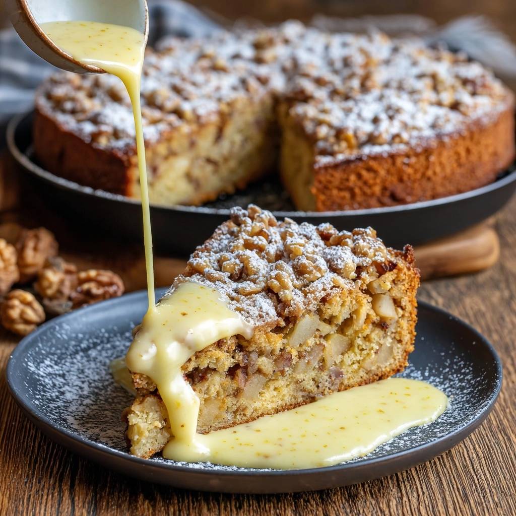 Birnen-Walnuss-Streuselkuchen mit Vanillesauce, ein angeschnittenes Stück auf einem Teller mit übergießter Sauce