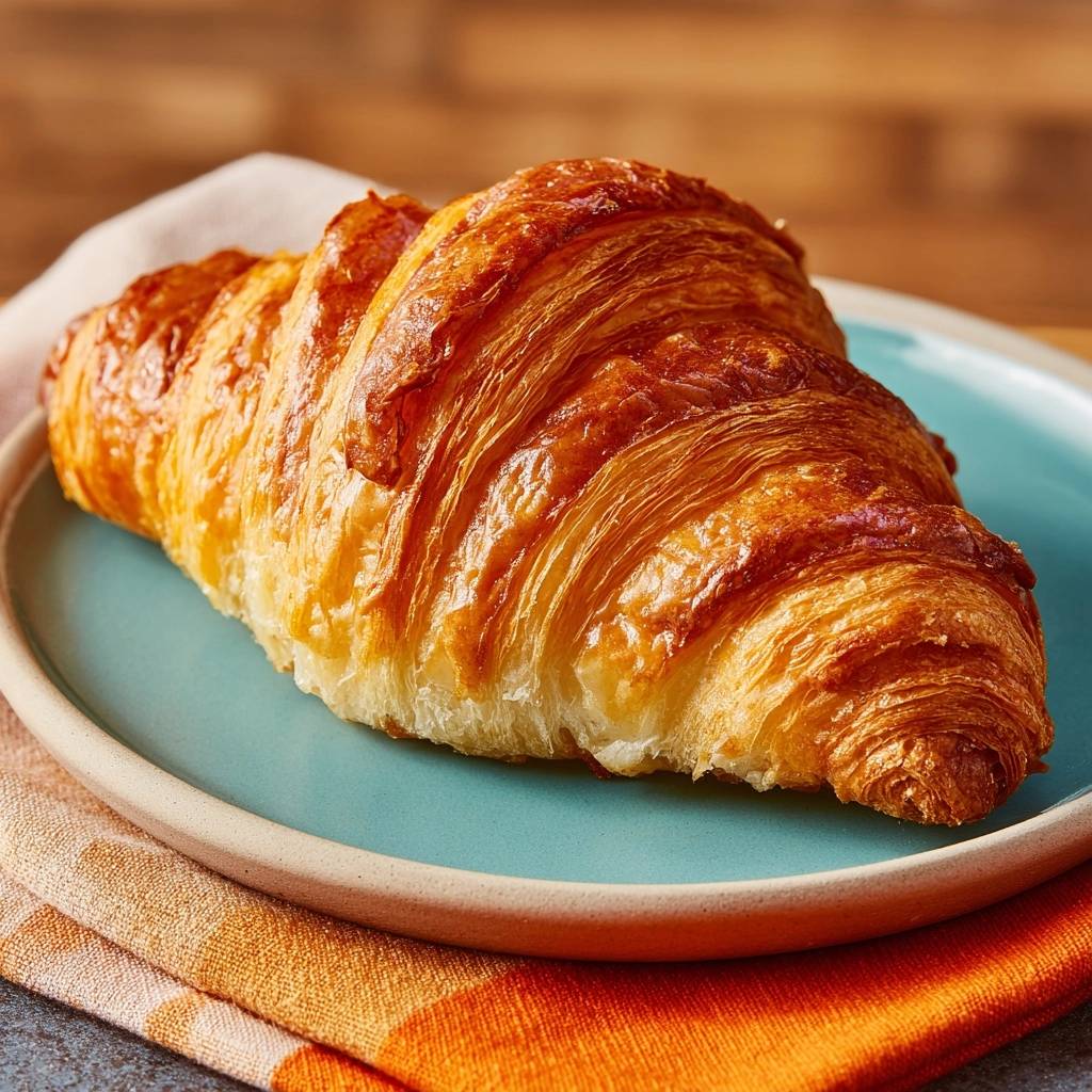 Perfektes Blätterteig-Croissant frisch gebacken auf einem blauen Teller, mit Serviette im Vordergrund.