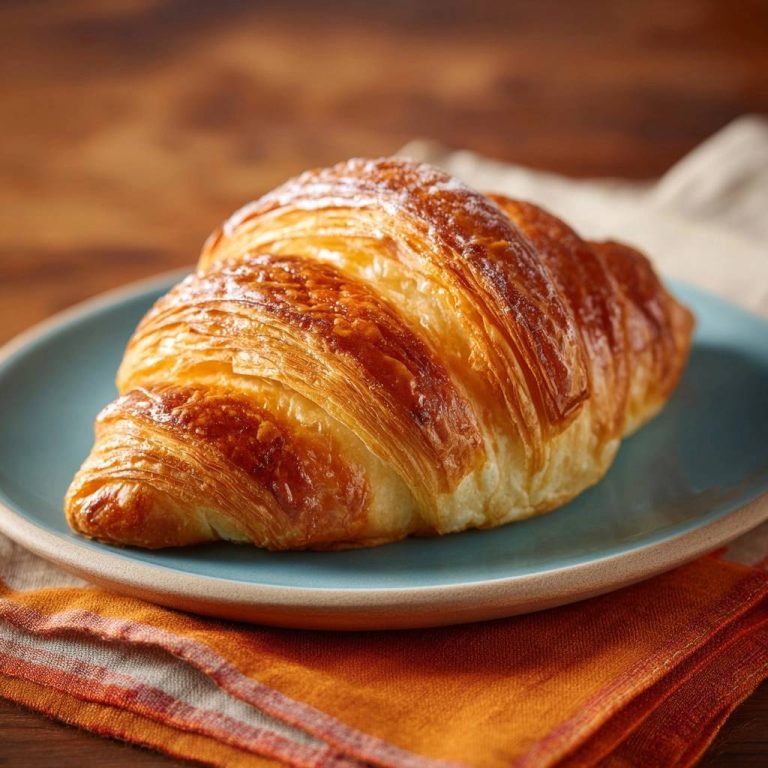 Perfektes Blätterteig-Croissant auf einem blauen Teller mit Staubzucker bestreut, Nahaufnahme