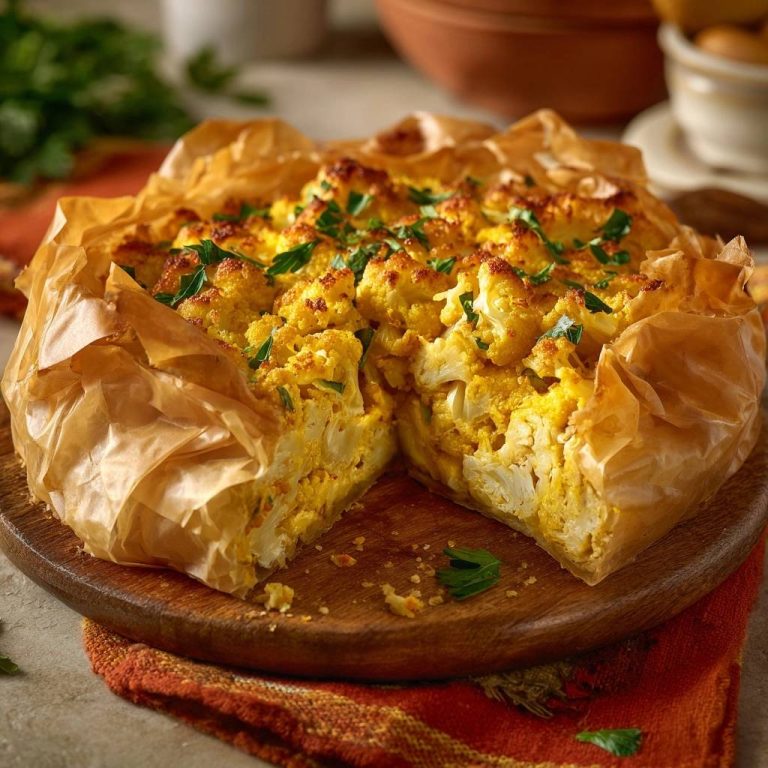 Goldgelbe Blumenkohl-Filo-Tarte angeschnitten, zeigt die cremige Füllung und knusprige Filoteigkruste, garniert mit Petersilie.