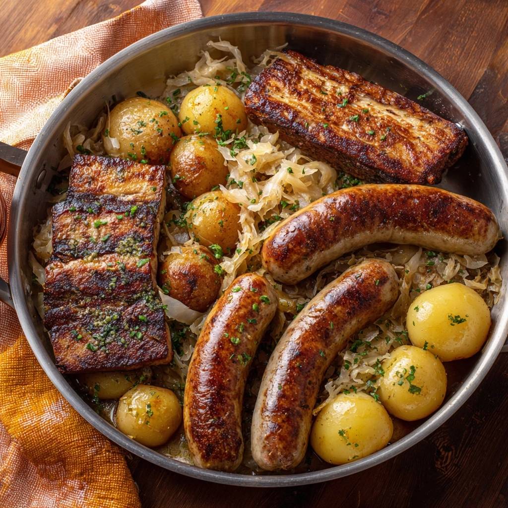 Bratkartoffel-Pfanne mit Würstchen, Sauerkraut & Speck, eine Nahaufnahme der herzhaften Pfanne mit goldbraunen Kartoffeln, Würstchen und knusprigem Speck.