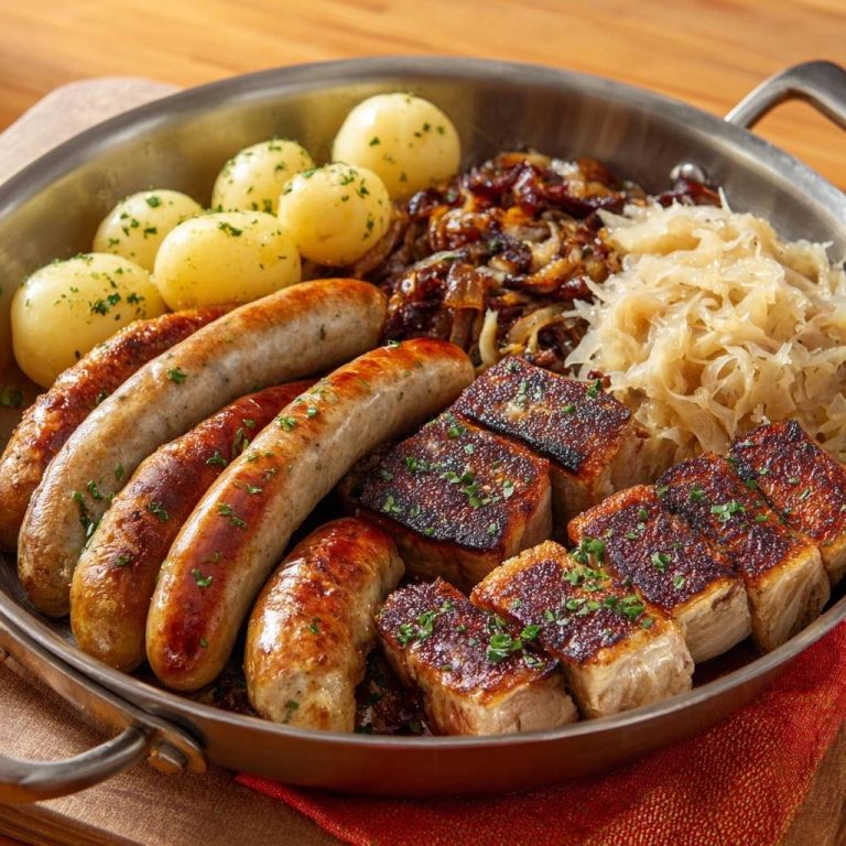 Bratkartoffel-Pfanne mit Würstchen, Sauerkraut & Speck, serviert in einer Pfanne mit Kartoffeln, Zwiebeln und Fleischstücken.