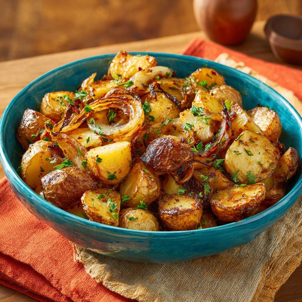 Knusprige Bratkartoffeln mit Zwiebeln, in einer blauen Schüssel serviert, mit frischer Petersilie garniert.