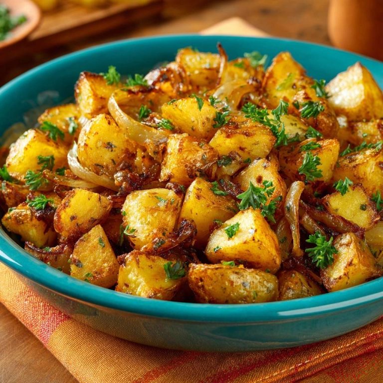 Knusprige Bratkartoffeln mit Zwiebeln in einer blauen Schüssel, garniert mit Petersilie, mit einer Nahaufnahme der Textur.