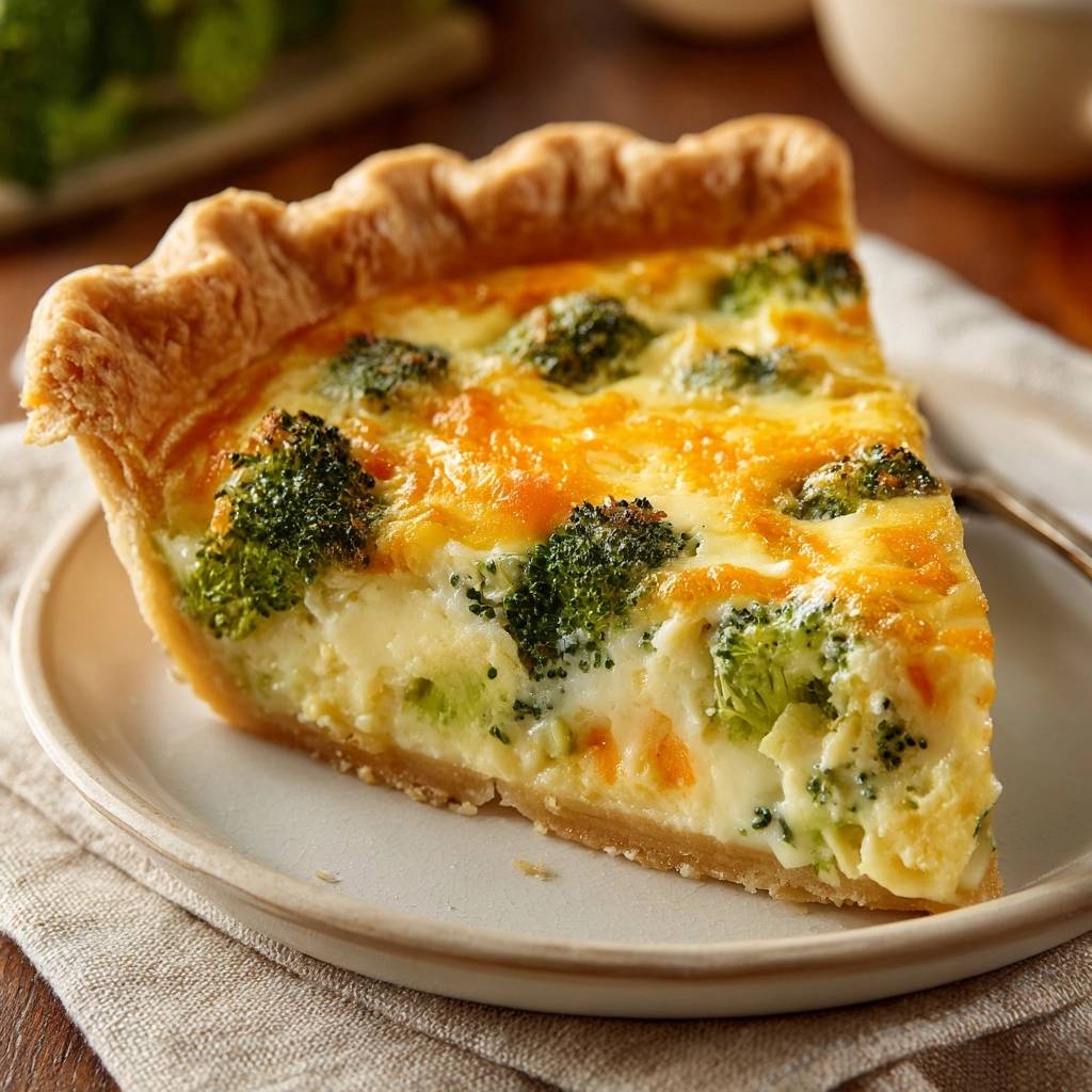 Brokkoli-Käse-Quiche angeschnitten auf einem Teller, mit sichtbarem cremigen Inneren und knusprigem Boden.