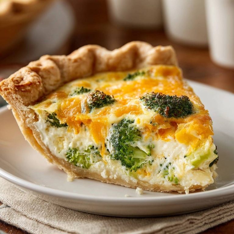 Brokkoli-Käse-Quiche als angeschnittene Portion auf einem Teller, mit sichtbarem knusprigen Boden und Füllung.