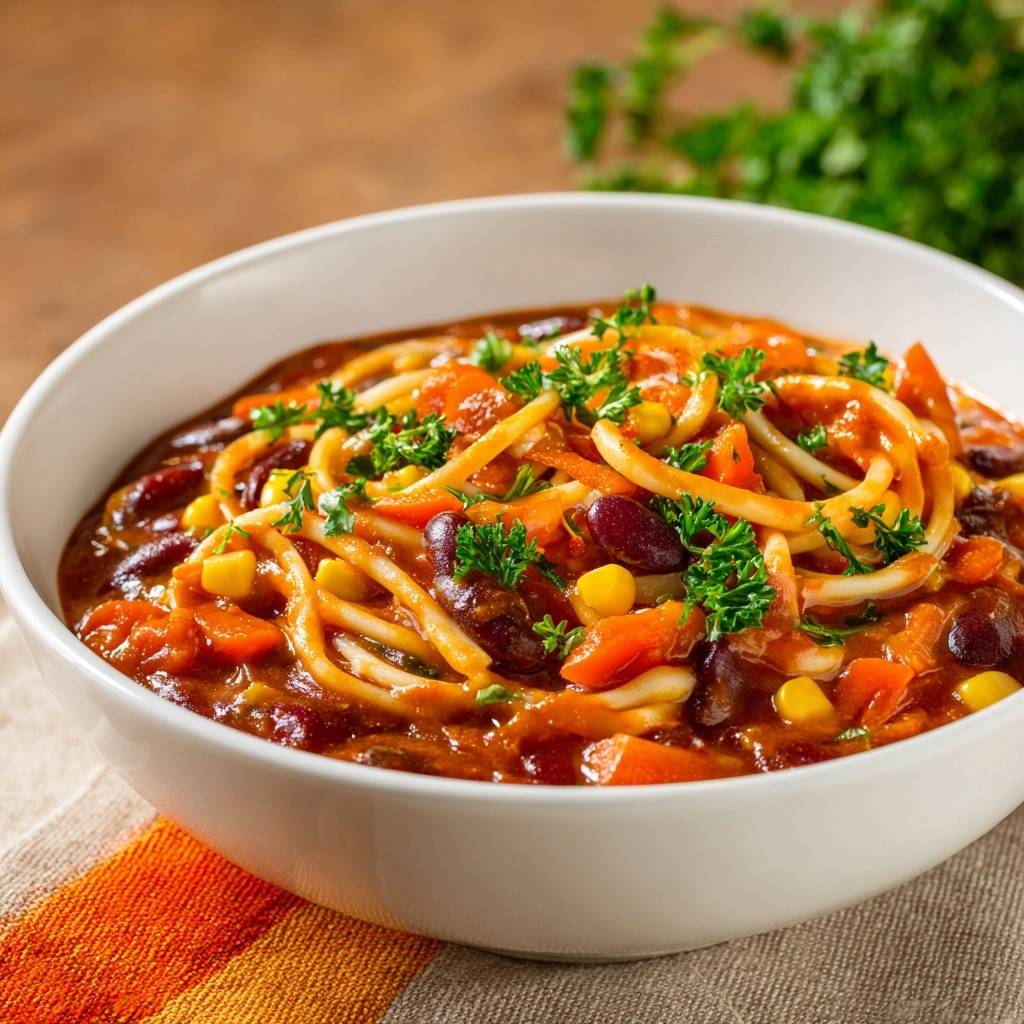 Bunte Fusilli-Bohnen-Suppe, eine Nahaufnahme mit frischer Petersilie garniert, zeigt die Nudeln und Gemüse im Eintopf.